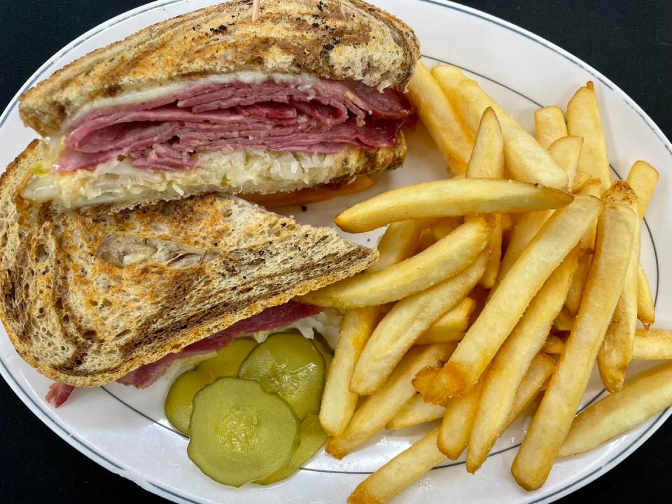 A corned beef reuben sandwich at The Galley Grille at White’s of Westport, 66 State Rd.