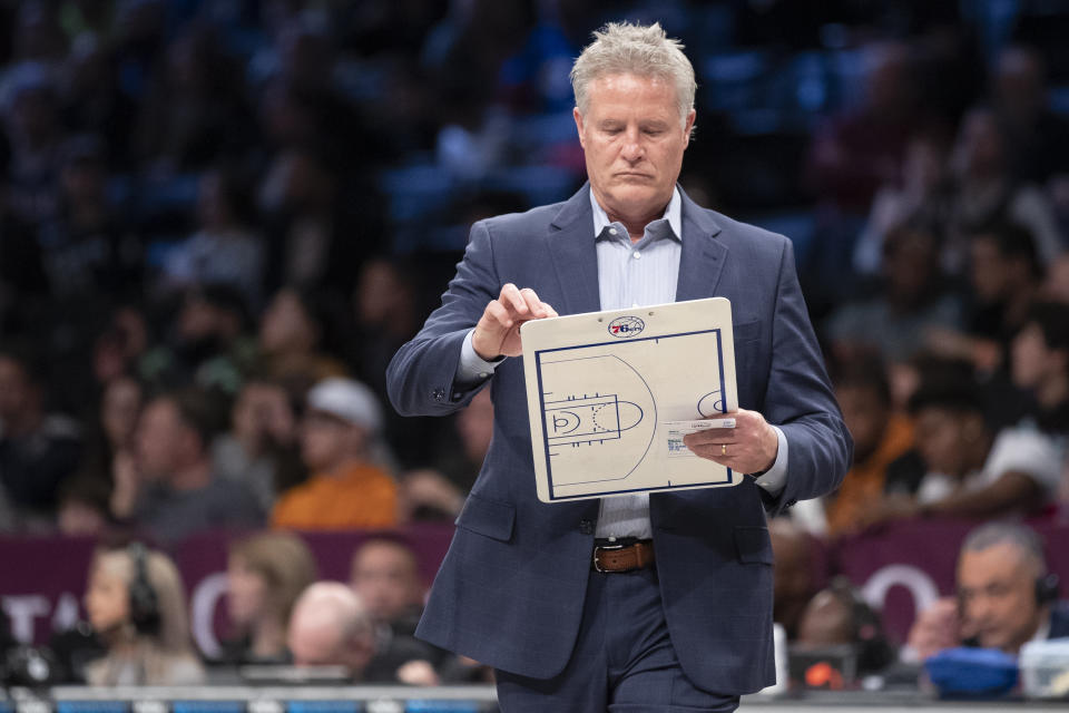 Though Elton Brand stood by coach Brett Brown on Friday, he declined to make any commitments about Brown’s future with the organization. (AP/Mary Altaffer)