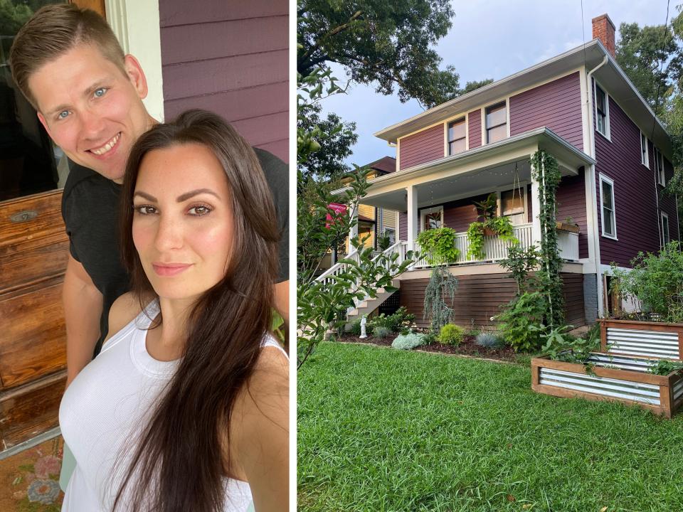 A collage of Paige Baratta and Tripp Simmons with the exterior of their renovated home.