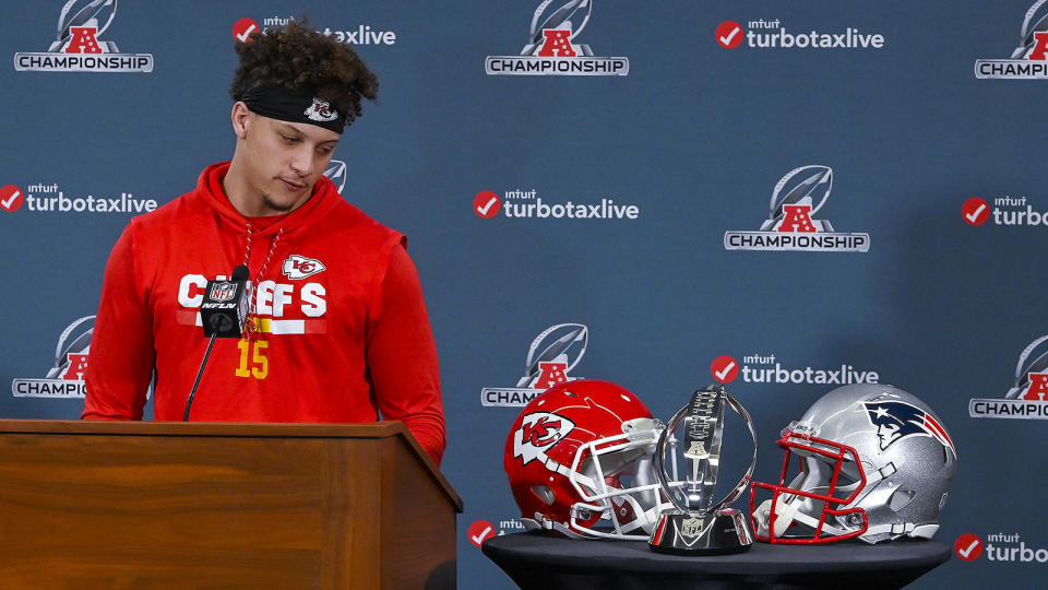 In a regular-season loss to the Patriots, Patrick Mahomes went 23-for-36 for 352 yards, four touchdowns and two interceptions. A win this time against New England earns a trip to Super Bowl LII. (Getty Images)