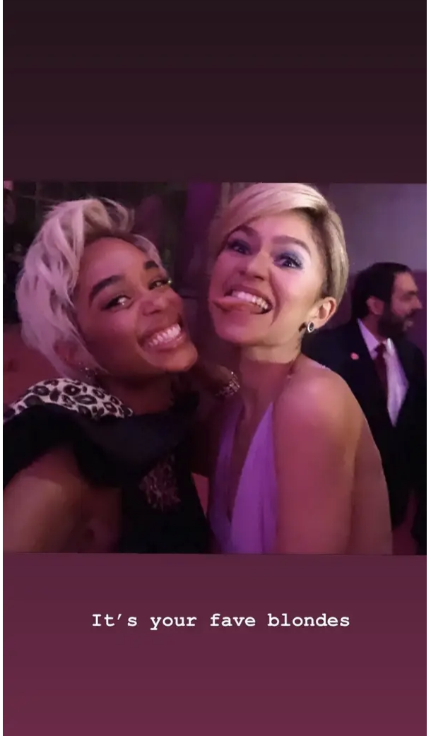Laura and Zendaya close together for a selfie, text overlay 