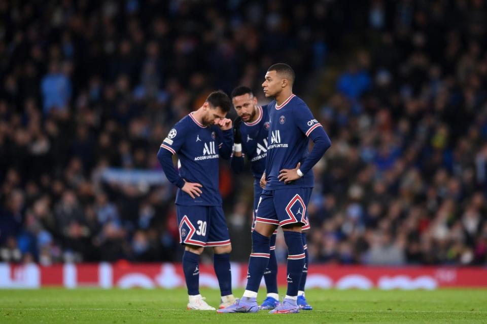 Kylian Mbappe, Lionel Messi and Neymar appear dejected after Man City equalise (Getty)