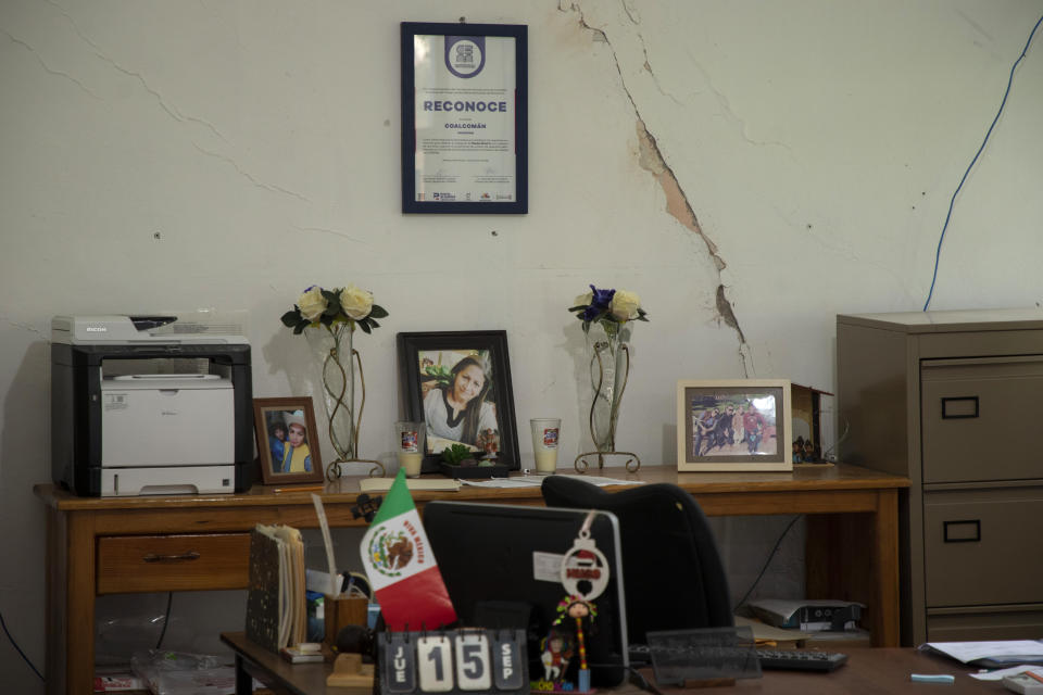 A wall is cracked inside a government office the day after an earthquake in Coalcoman, Michoacan state, Mexico, Tuesday, Sept. 20, 2022. The magnitude 7.6 earthquake shook Mexico’s central Pacific coast on Monday, killing at least one person. (AP Photo/Armando Solis)
