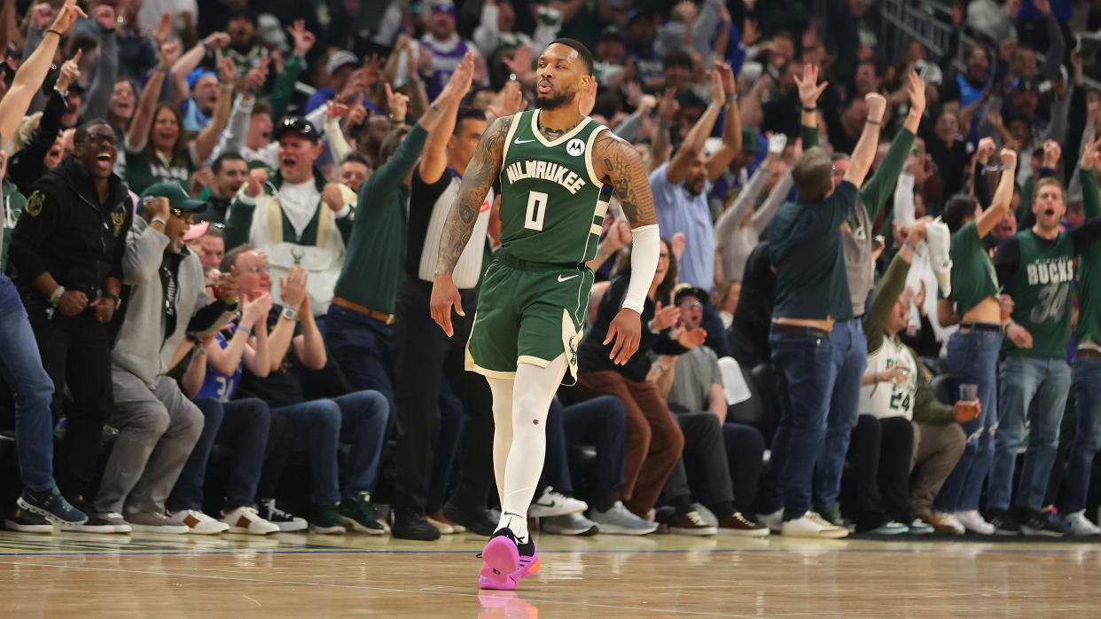 Damian Lillard teed off in his first playoff game since 2021. (Stacy Revere/Getty Images)