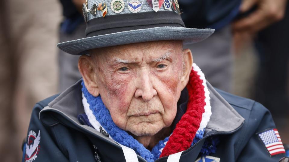 World War II veteran Jake Larson attends a ceremony to mark the 79th anniversary of the assault that led to the liberation of France and Western Europe from Nazi control, at the American Cemetery in Colleville-sur-Mer, Normandy, France, Tuesday, June 6, 2023. (Thomas Padilla/AP)