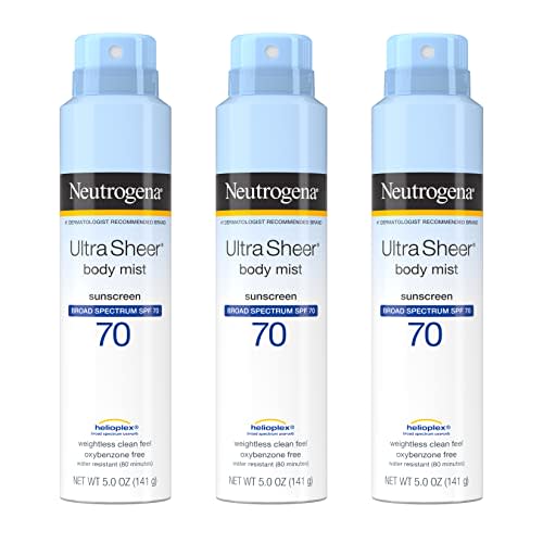 Neutrogena Ultra Sheer Body Mist Sunscreen Spray Broad Spectrum SPF 70, Lightweight, Non-Greasy & Water Resistant, Oil-Free & Non-Comedogenic UVA/UVB Sunscreen Mist, 5 oz (Pack of 3)