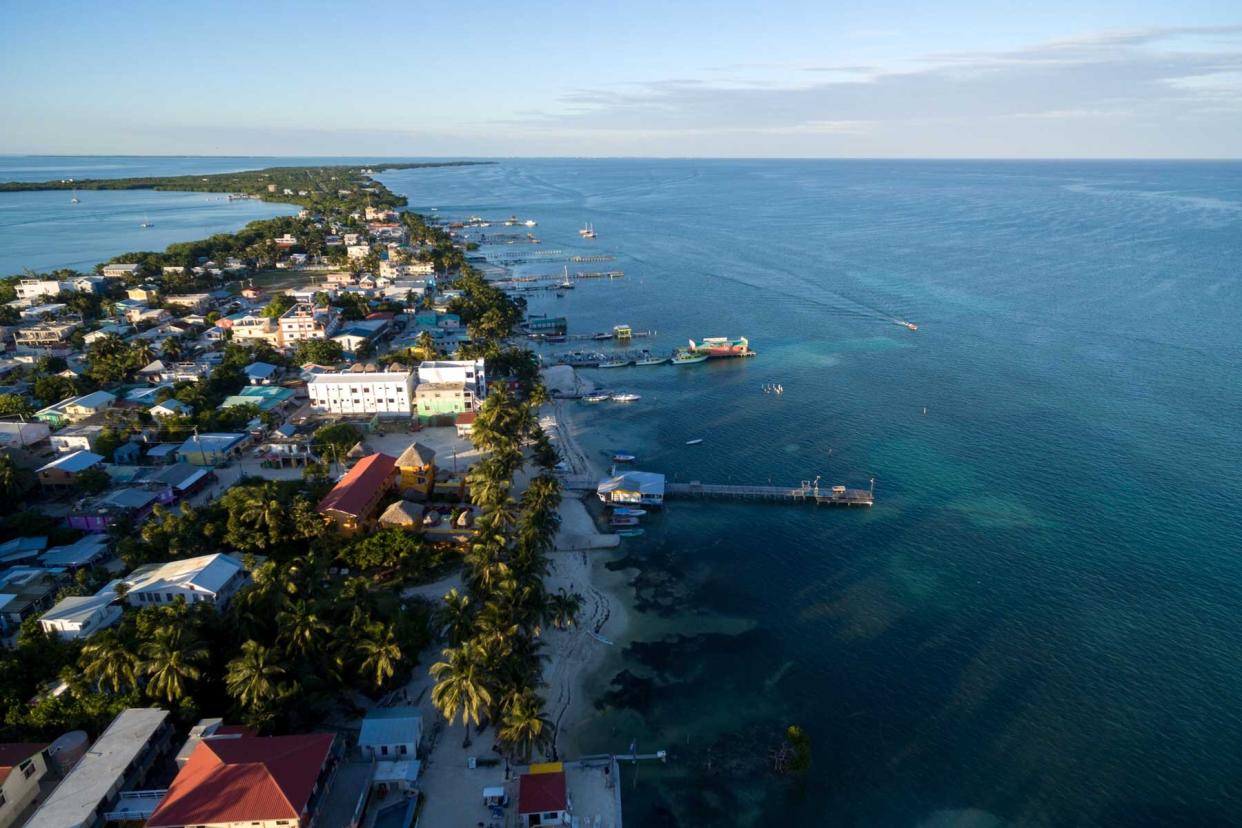 Aerial view of the coastline on Caye Caulker Island in Belize.