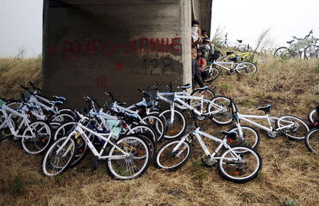 Immigrants from Syria stand near their bicycles as they hide from the rain under a bridge near the Greek border with Macedonia, June 17, 2015. REUTERS/Ognen Teofilovski