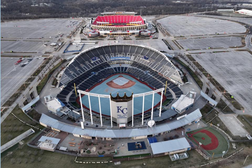 An aerial view of Kauffman Stadium and Arrowhead Stadium at the Truman Sports Complex.