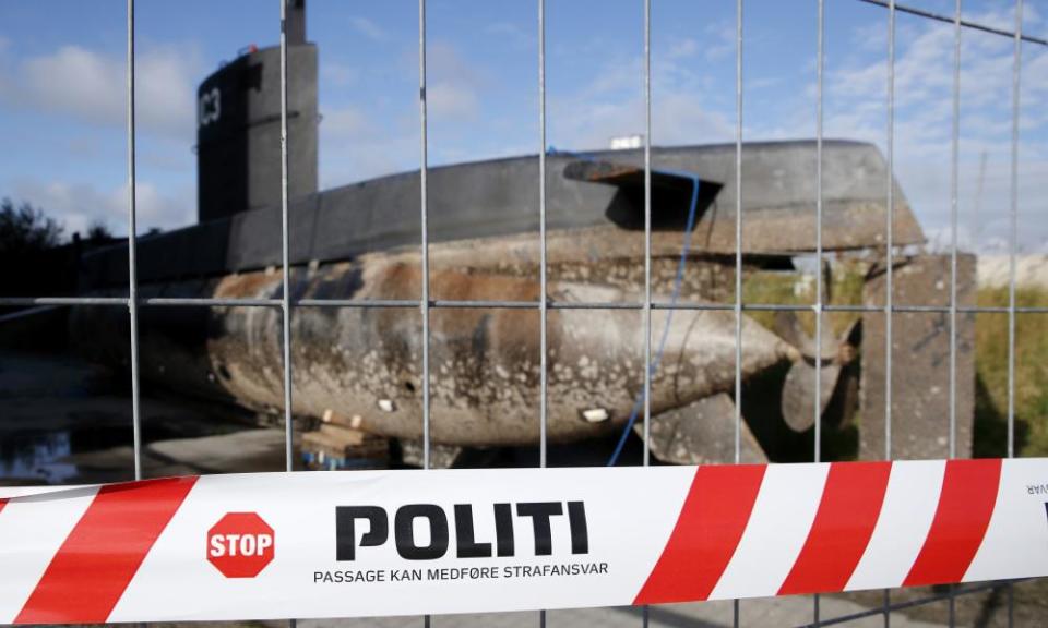 Peter Madsen’s private submarine sits on a pier in Copenhagen harbour