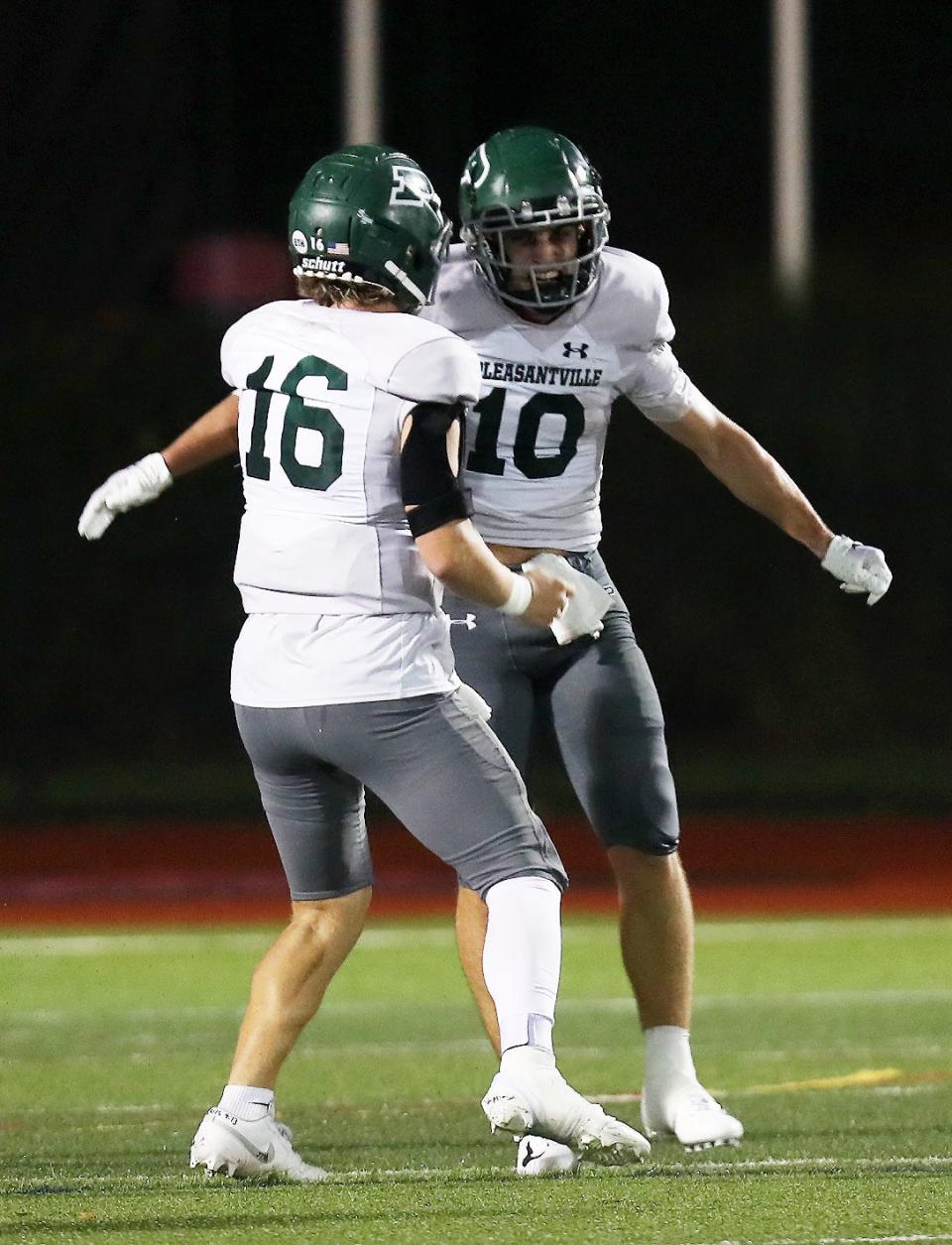 PleasantvilleÕs Daniel Picart (10) celebrates his fourth touchdown of the first half against Byram Hills with his brother Aiden (16) during football action at Fox Lane High School in Bedford Sept. 9, 2023.