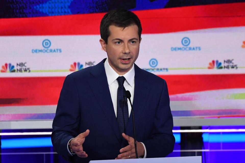 Democratic presidential hopeful Mayor of South Bend, Indiana Pete Buttigieg speaks during the second Democratic primary debate of the 2020 presidential campaign season hosted by NBC News at the Adrienne Arsht Center for the Performing Arts in Miami, Florida, June 27, 2019.