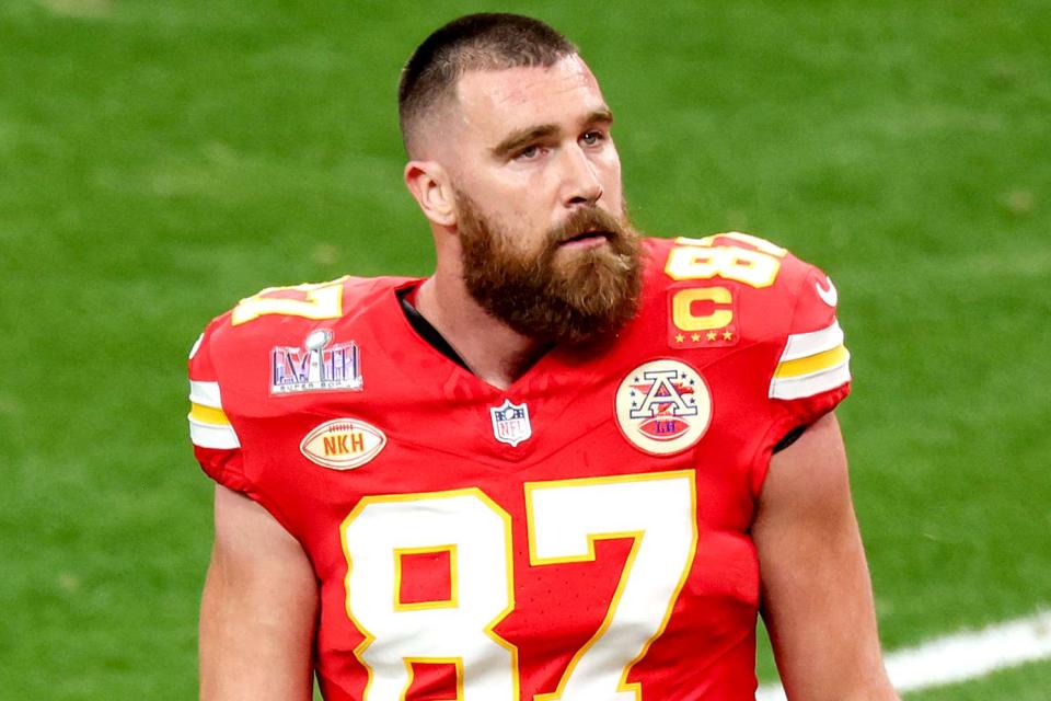 <p>Christopher Polk/Billboard via Getty</p> Travis Kelce, 2024 Super Bowl