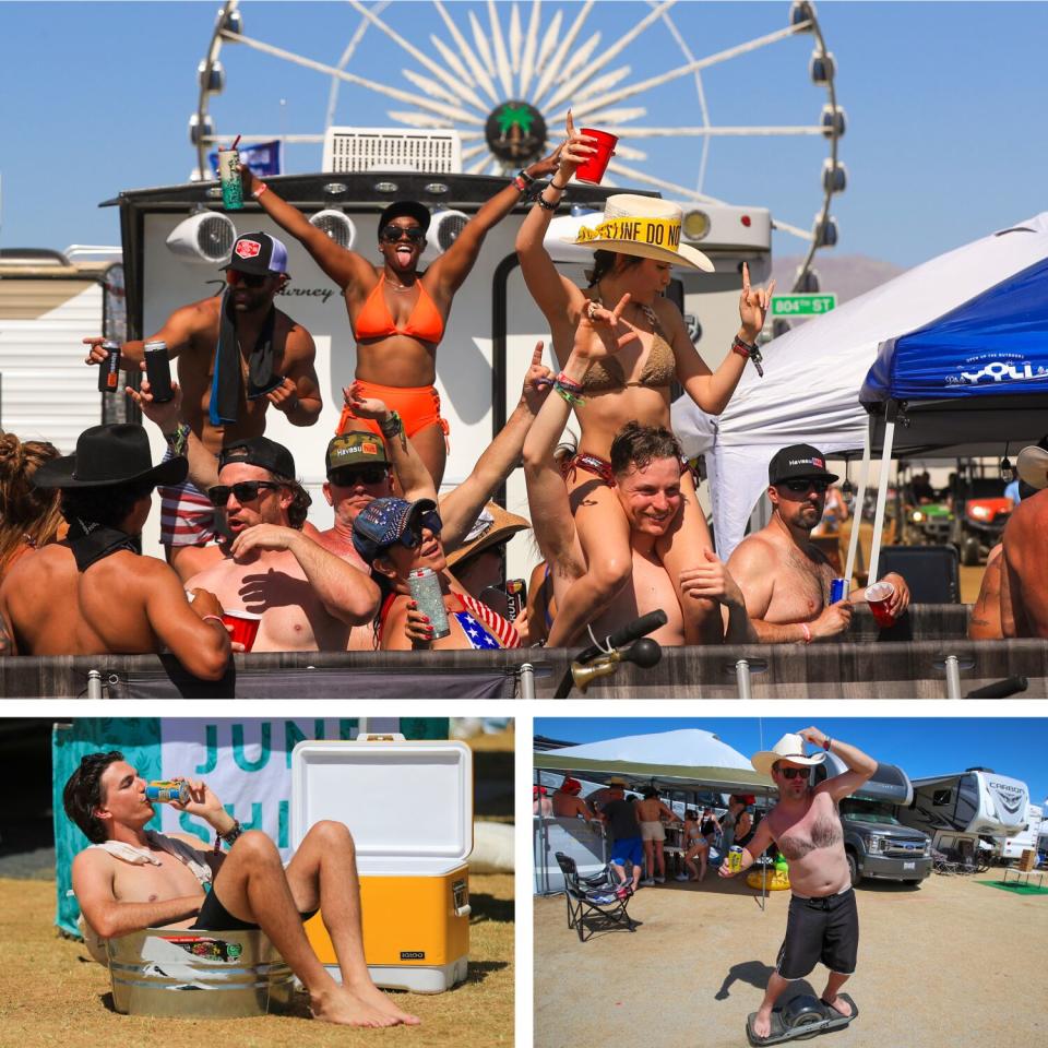 Three photos depicting people in a pool, a guy in a small tub and a man with chest hair shaped like a bra.