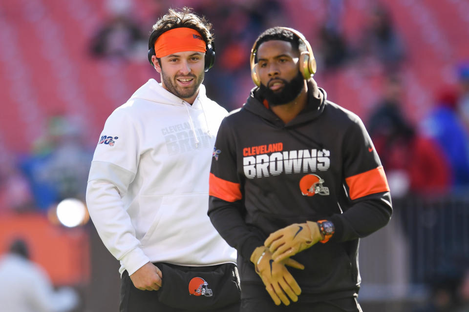 CLEVELAND, OH - OCTOBER 13, 2019: Quarterback Baker Mayfield #6 of the Cleveland Browns talks with wide receiver Odell Beckham Jr. #13 prior to a game against the Seattle Seahawks on October 13, 2019 at FirstEnergy Stadium in Cleveland, Ohio. Seattle won 32-28. (Photo by: 2019 Nick Cammett/Diamond Images via Getty Images)