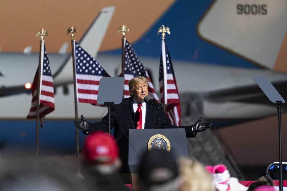 President Donald Trump speaks at a campaign rally at Rochester International Airport, Friday, Oct. 30, 2020, in Rochester, Minn. (AP Photo/Alex Brandon)