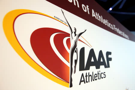 FILE PHOTO: The logo of the International Association of Athletics Federations (IAAF) is seen in Monaco, March 11, 2016. REUTERS/Eric Gaillard Picture Supplied by Action Images/File Photo