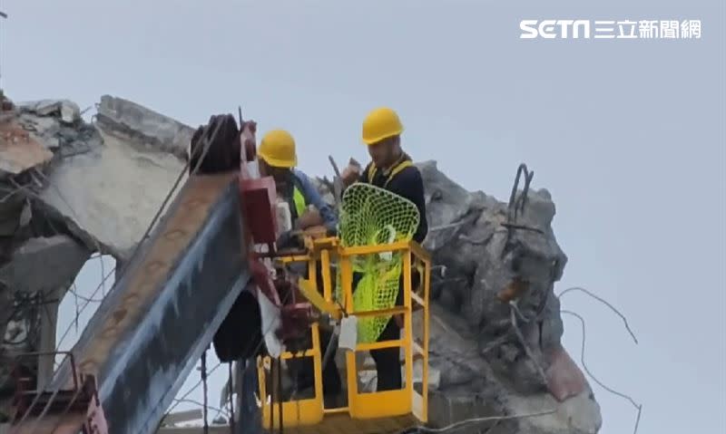 康老師的貓抓到了，從工程人員「懷中抱出」。（圖／記者呂彥攝影）