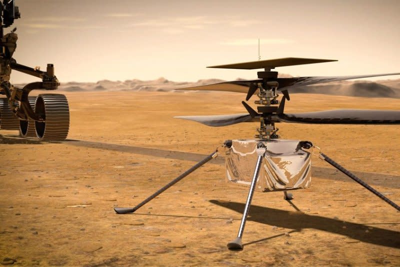 An illustration depicts the Mars helicopter Ingenuity on the Red Planet. The craft sustained rotor damage and has taken its final flight, NASA said Thursday. Image courtesy of NASA