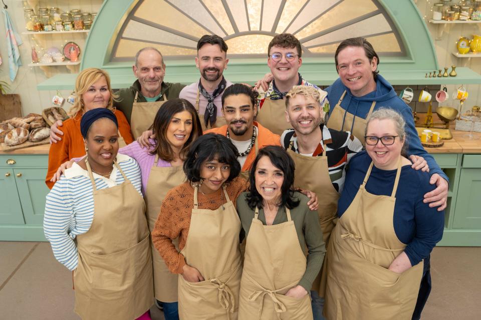 Bake Off 2024 contestants Gill, Illiyin, Hazel, Christiaan, Andy, Mike, John, Jeff.Front Row - Sumayah, Dylan, Georgie, Nelly. (Channel 4)