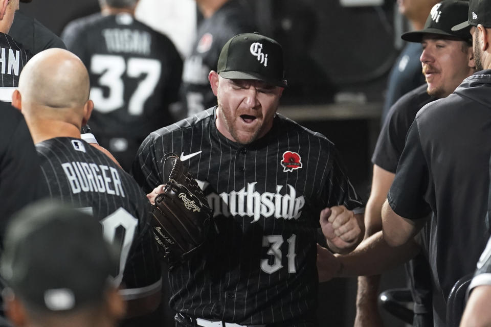 Chicago White Sox relief pitcher Liam Hendriks yells after pitching in the top half the eighth inning of a baseball game against the Los Angeles Angels, Monday, May 29, 2023, in Chicago. (AP Photo/Charles Rex Arbogast)