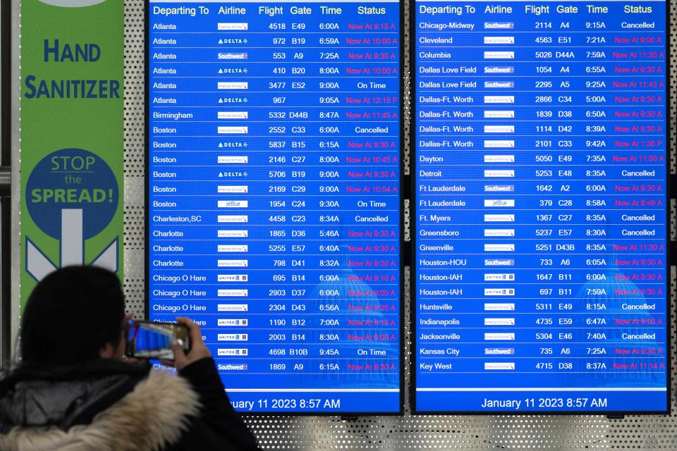 Flight information display listing canceled and delayed flights due to an FAA outage that grounded flights across the U.S. at Ronald Reagan Washington National Airport in Arlington, Va., on Jan. 11.