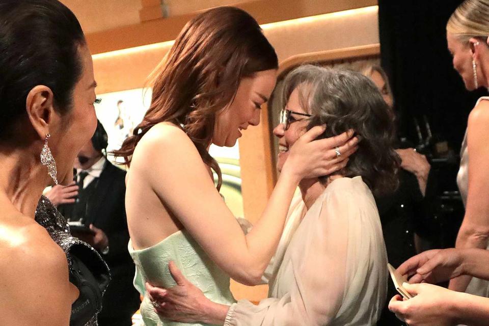 <p>Al Seib/A.M.P.A.S. via Getty Images</p> Emma Stone and Sally Field backstage at the 2024 Oscars