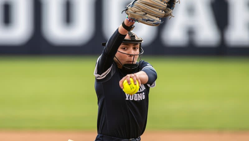 BYU pitcher Gianna Mares (1) goes into her wind up to pitch the ball during a game on Friday, April 19, 2024 in Provo, Utah.