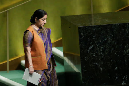 Indian External Affairs Minister Sushma Swaraj arrives to address the 72nd United Nations General Assembly at U.N. headquarters in New York, U.S., September 23, 2017. REUTERS/Eduardo Munoz