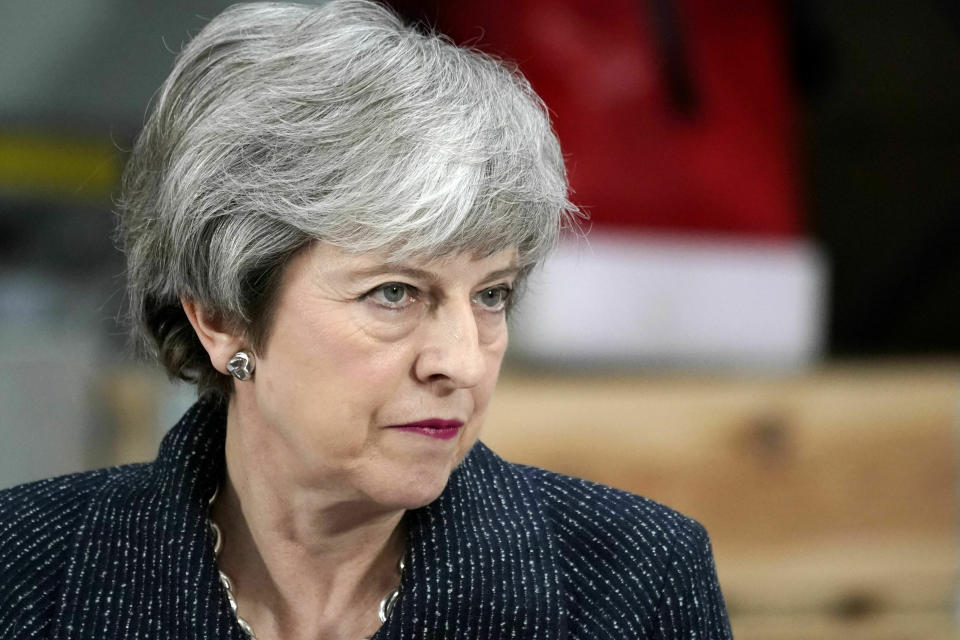 Britain's Prime Minister Theresa May gives a speech in Grimsby, north east England, Friday March 8, 2019. British lawmakers are due to vote for a second time Tuesday on the deal, which they overwhelmingly rejected in January. (Christopher Furlong/PA via AP)