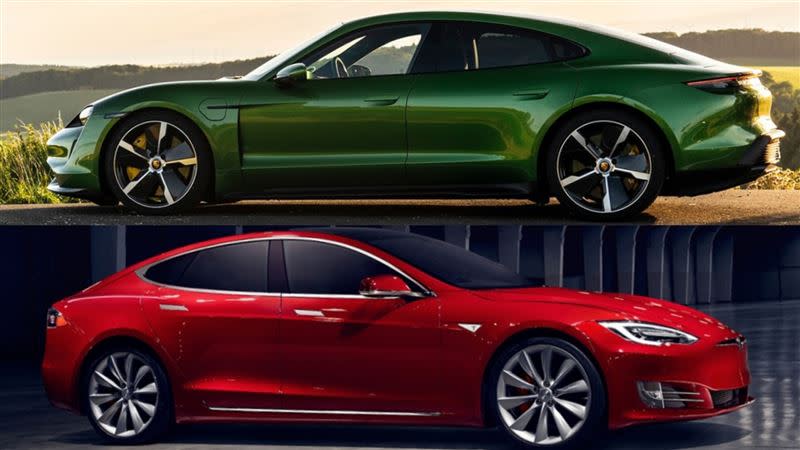保時捷Taycan（上）對決特斯拉Model S（下）。（圖／翻攝自Porsche、Tesla官網）