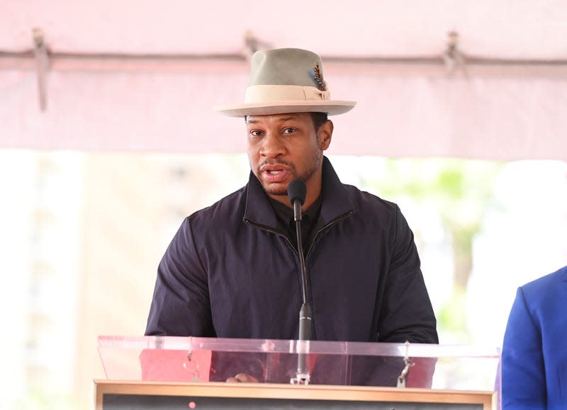 Jonathan Majors at the star ceremony where Michael B. Jordan is honored with a star on the Hollywood Walk of Fame on March 1, 2023 in Los Angeles, California. 