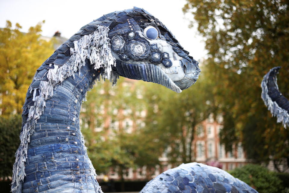 'Messy the COP Ness Monster', a sculpture made with recycled jeans, in Grosvenor Square, London, Britain, October 30, 2021. REUTERS/Henry Nicholls