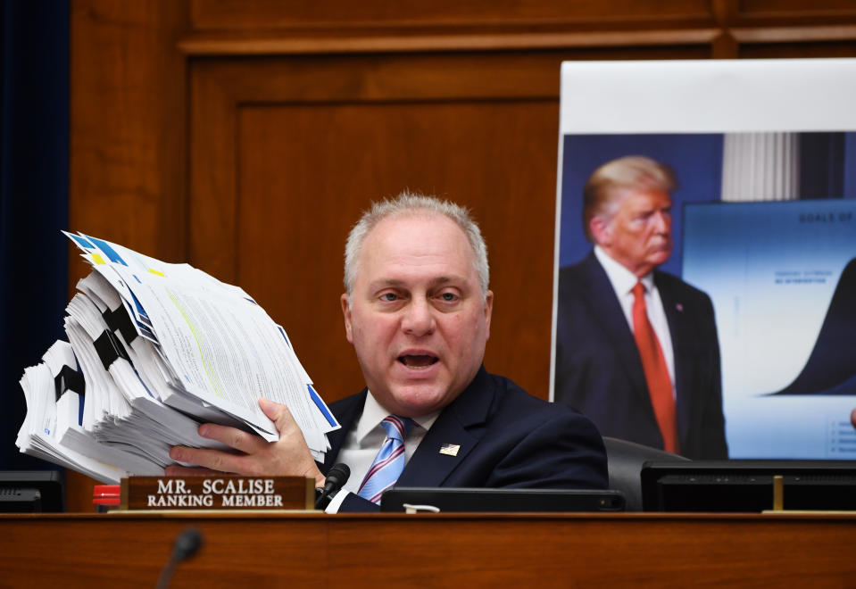 Rep. Steve Scalise, R-La., holds up documents detailing  President Trump's plan for dealing with the Coronavirus during a House Subcommittee on the Coronavirus Crisis hearing on July 31, 2020 in Washington, DC. (Kevin Dietsch/Getty Images)