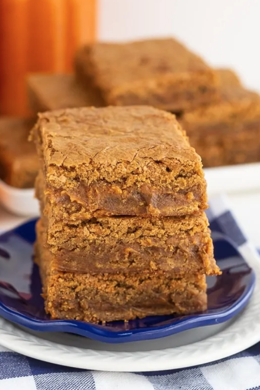 <p>Love From the Oven</p><p>These delicious chewy pumpkin blondies are a wonderful fall dessert. Pumpkin flavor combines with a fantastic chewy, brownie-like texture that is irresistible. </p><p><strong>Get the recipe: <em><a href="https://www.lovefromtheoven.com/pumpkin-blondies/" rel="nofollow noopener" target="_blank" data-ylk="slk:Chewy Pumpkin Blondies;elm:context_link;itc:0;sec:content-canvas" class="link ">Chewy Pumpkin Blondies</a></em></strong></p>