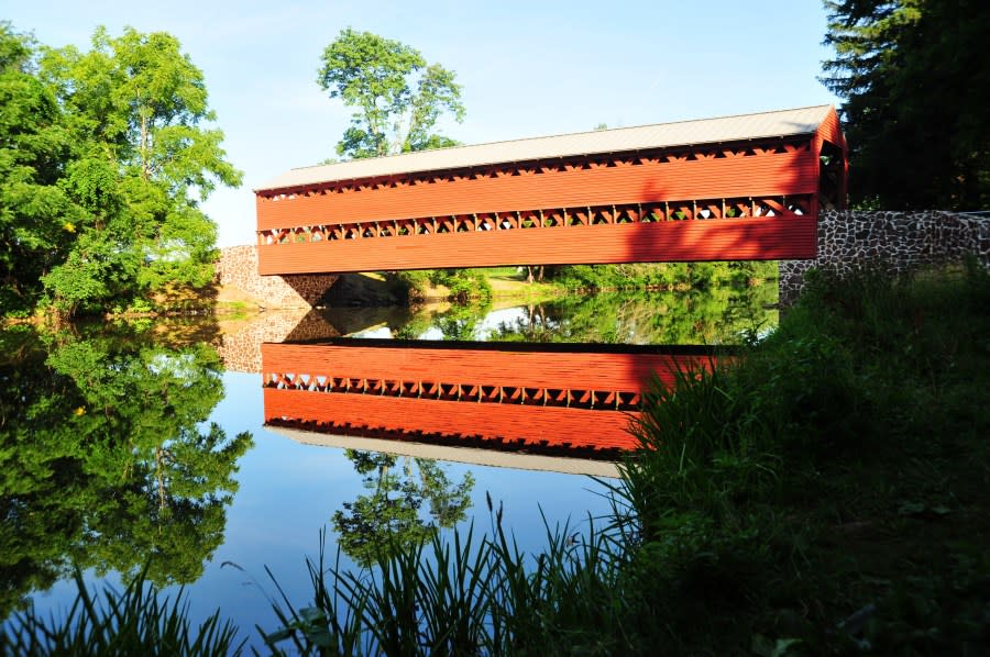 The Sachs Covered Bridge is seen in the early morning of July 2, 2011, in Gettysburg, Pennsylvania. The bridge was built in 1852 by David S. Stoner. Part of the Confederate Army of Northern Virginia began its retreat to Virginia by crossing this bridge after the Battle of Gettysburg in July 1863 during the US Civil War. AFP PHOTO/ Karen BLEIER (Photo credit should read KAREN BLEIER/AFP via Getty Images)