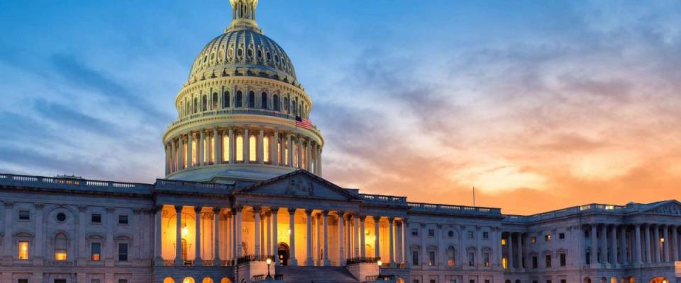 The United States Capitol building at sunset, Washington DC, USA.