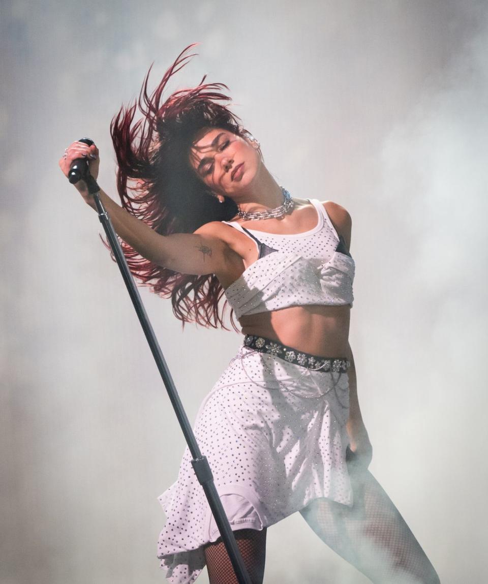 glastonbury, england june 28 dua lipa performs as she headlines the pyramid stage during day three of glastonbury festival 2024 at worthy farm, pilton on june 28, 2024 in glastonbury, england founded by michael eavis in 1970, glastonbury festival features around 3,000 performances across over 80 stages renowned for its vibrant atmosphere and iconic pyramid stage, the festival offers a diverse lineup of music and arts, embodying a spirit of community, creativity, and environmental consciousness photo by samir husseinwireimage