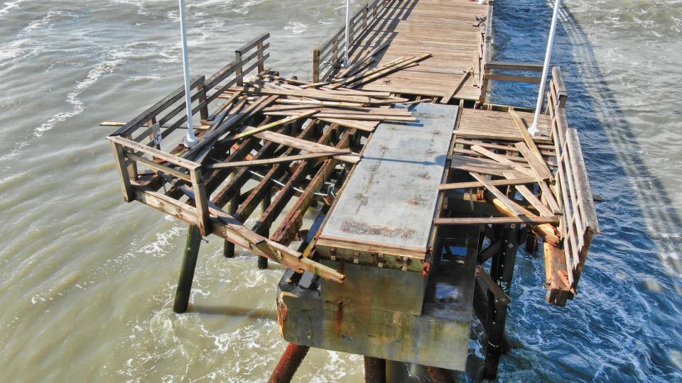 The nearly 100-year-old Daytona Beach Pier suffered heavy damage from Tropical Storms Ian and Nicole. The eastern tip of the pier used by fishermen was decimated, and the substructure of the pier under the Joe's Crab Shack restaurant is also in need of repairs and stabilization.