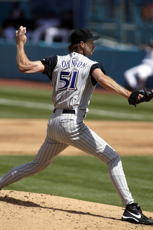 Arizona Diamondbacks starting pitcher Randy Johnson works against the Florida Marlins on May 23, 2004, at Pro Player Stadium in Miami. On May 18, 2004, the 40-year-old pitched a perfect game in a 2-0 win over Atlanta. He was the oldest major league pitcher to accomplish the feat. File Photo by Michael Bush/UPI