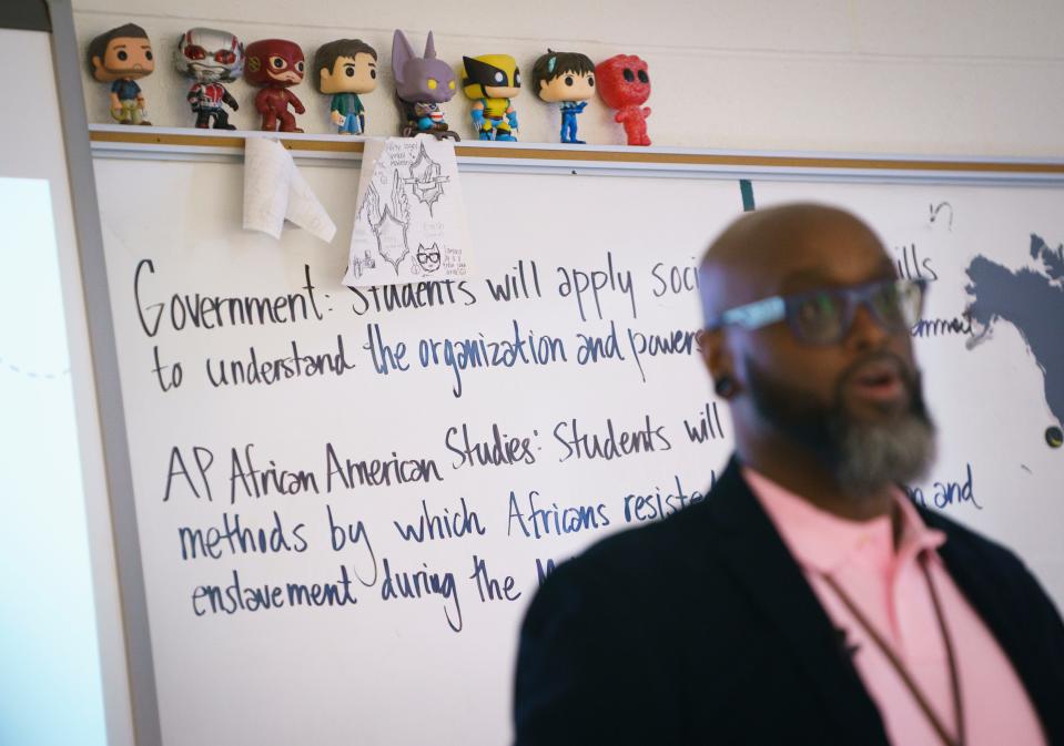 Teacher Sean Miller leads an AP African American Studies class at South County High School in Lorton, Virginia, on Feb. 15, 2024.