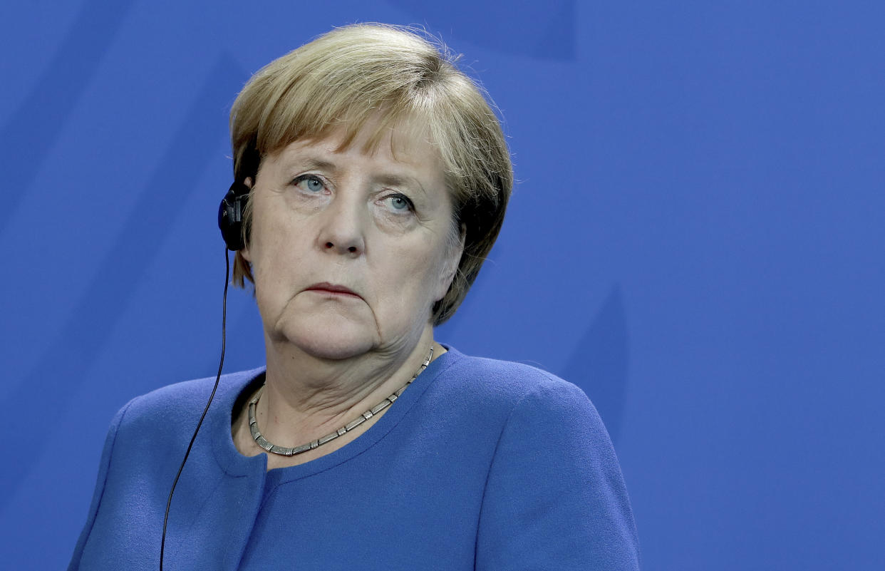 German Chancellor Angela Merkel attends a joint press conference with Dutch Prime Minister Mark Rutte as part of a government meeting at the Chancellery in Berlin, Germany, Wednesday, Oct. 2, 2019. (AP Photo/Michael Sohn)