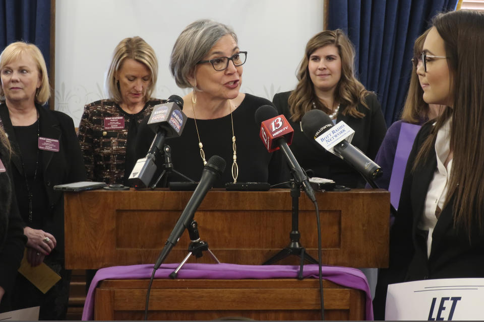 Kansas Senate President Susan Wagle, R-Wichita, speaks during a news conference on a proposed amendment to the state constitution on abortion, Thursday, Jan. 16, 2020, at the Statehouse in Topeka, Kansas. The amendment would overturn a Kansas Supreme Court decision protecting abortion rights. (AP Photo/John Hanna)