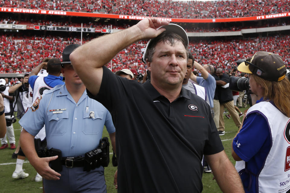 Georgia head coach Kirby Smart leaves the field after losing 20-17 in double overtime to South Carolina in an NCAA college football game Saturday, Oct. 12, 2019, in Athens, Ga. (AP Photo/John Bazemore)