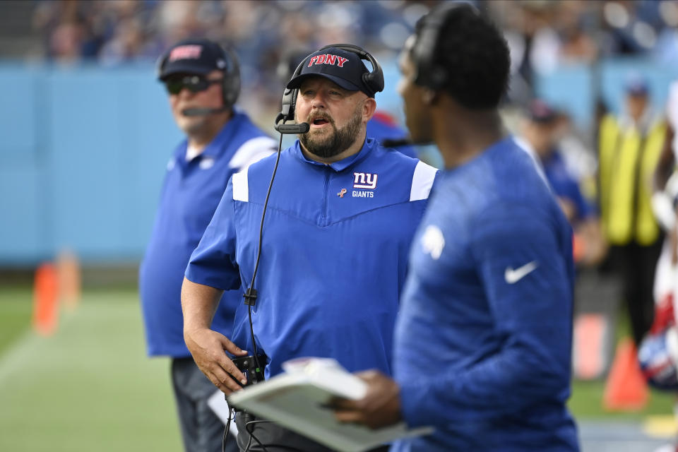 New York Giants head coach Brian Daboll watches during the second half of an NFL football game against the Tennessee Titans Sunday, Sept. 11, 2022, in Nashville. (AP Photo/Mark Zaleski)