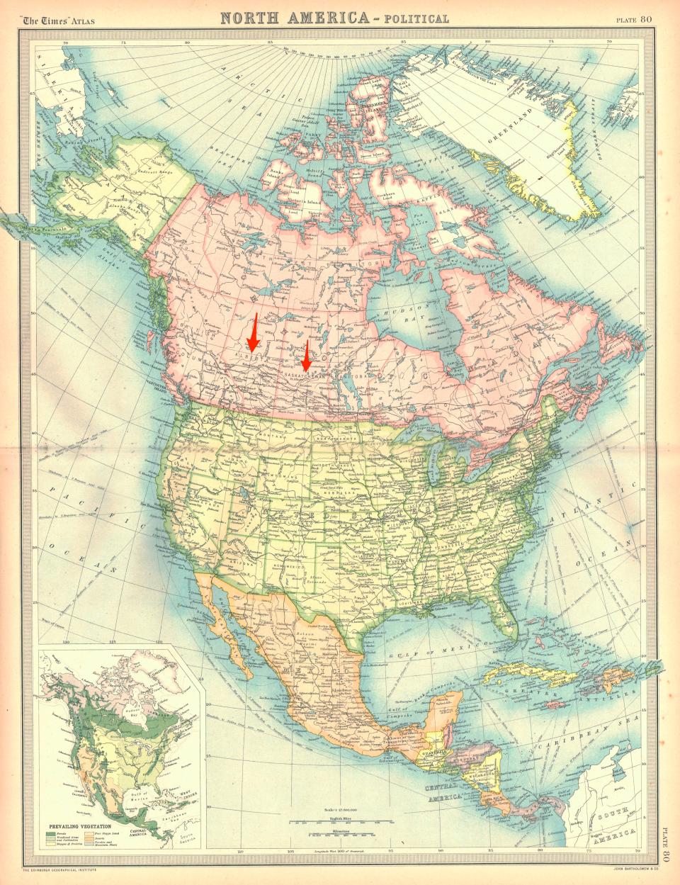 A map of North America, with arrows pointing to Alberta and Saskatchewan, Canada, where the Chinese surveillance balloon was seen floating.