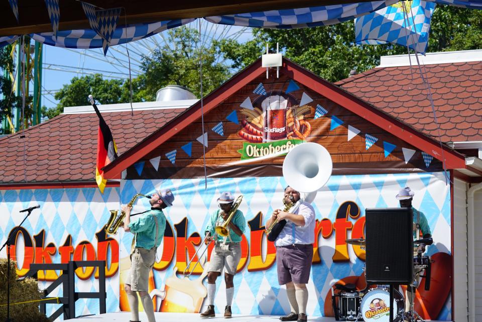 A band plays during Oktoberfest celebration at Six Flags Great Adventure. Six Flags Great Adventure is among the regional establishments celebrating Oktoberfest. Six Flags Great Adventure will feature Oktoberfest-themed food and events every weekend through Nov. 2.