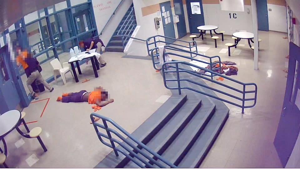 An image taken from a video inside the Franklin County Juvenile Intervention Center on May 7 shows 15-year-old Damarion Allen lying limp on the floor following a fight that left him paralyzed from the chest down before guards dragged him, dropped him, and placed him in his cell.