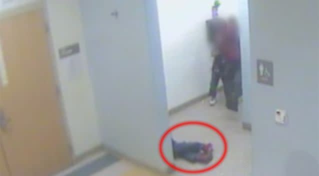 Gabrielle is seen laying on the floor for several minutes. Source: ABC News