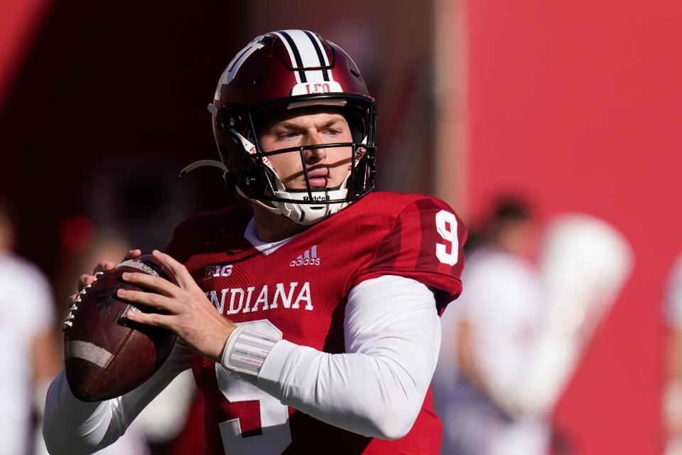 Indiana quarterback Connor Bazelak looks to throw during the first half of an NCAA college football game against Maryland, Saturday, Oct. 15, 2022, in Bloomington, Ind. (AP Photo/Darron Cummings)